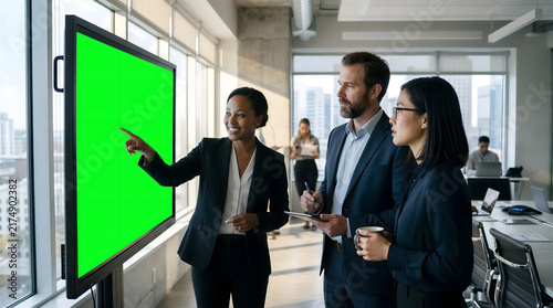 Diverse business team analyzing data on large interactive green screen display in a modern office during a corporate presentation meeting