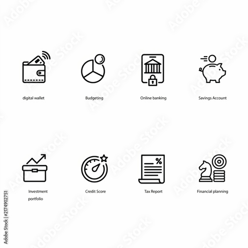Professional minimalist black outline icons for various financial services including monetary growth and economic planning for web and mobile applications