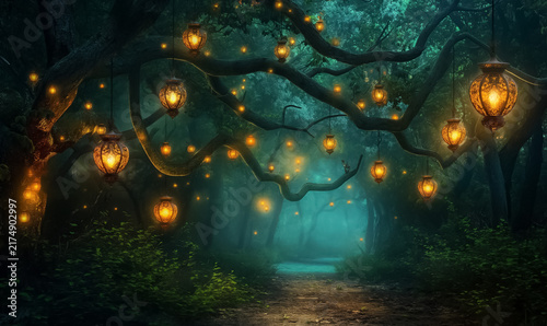 Enchanted green forest path illuminated by glowing hanging lanterns and fog