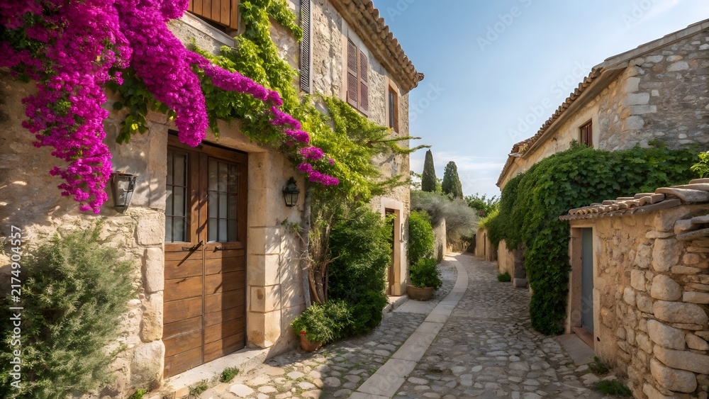 Fototapeta premium Narrow cobblestone street in a historic Mediterranean village with blooming bougainvillea.