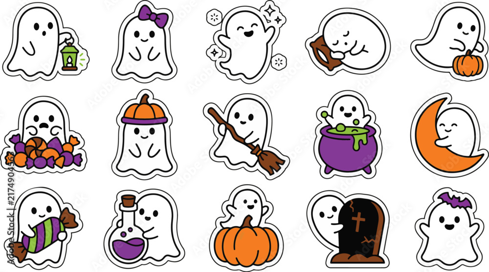 Fototapeta premium Cute kawaii ghost stickers set with pumpkins halloween elements