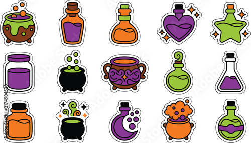 Collection of halloween magic potion bottles and bubbling cauldrons stickers