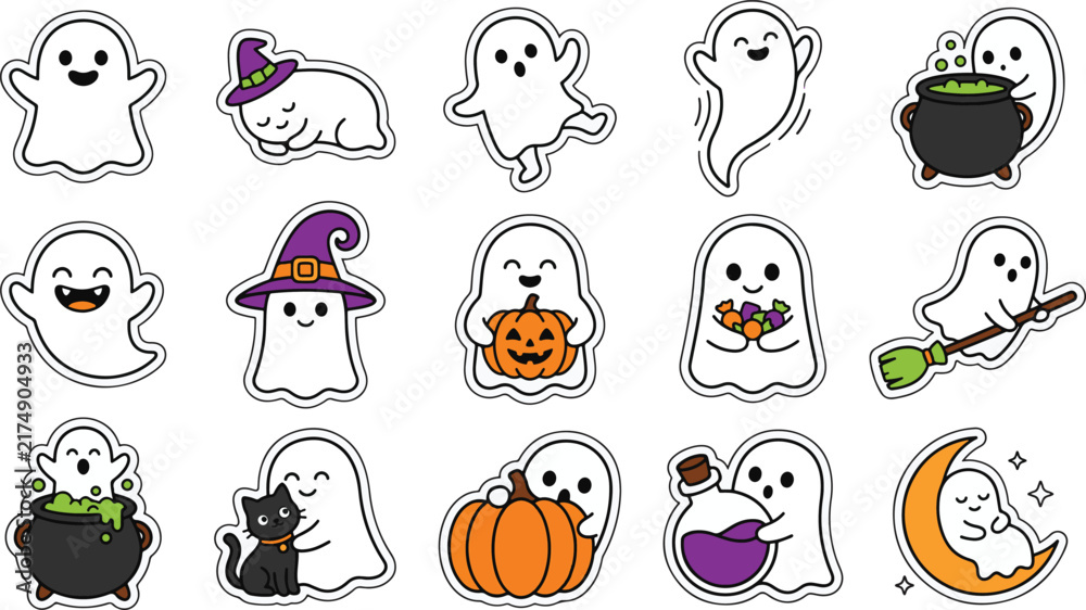Fototapeta premium Cute halloween cartoon ghost sticker collection set vector illustration