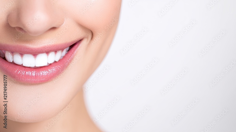 Obraz premium Partial portrait of a smiling woman on a clean white background, healthy teeth, dental care, beauty, oral hygiene, confidence, copy space