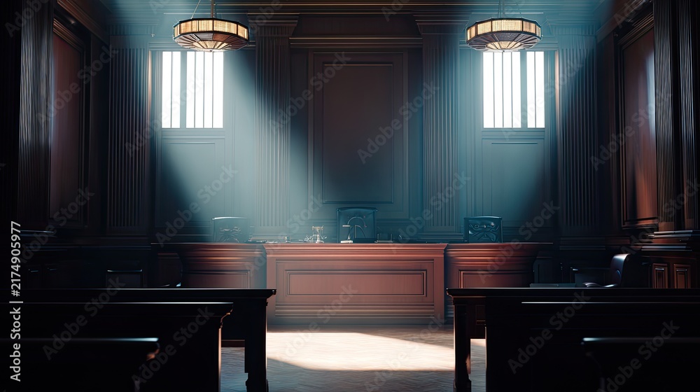 Obraz premium Dark courtroom interior with wooden benches and dramatic beams of light, legal institution, justice, formal authority, empty judicial hall