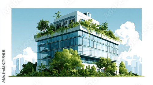 Eco friendly Office Building with Rooftop Garden and Lush Greenery