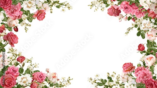 Romantic Floral Frame with Pink Roses and White Flowers