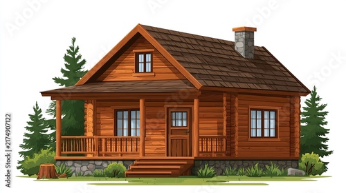 Cozy Wooden Cabin Illustration Surrounded by Pine Trees