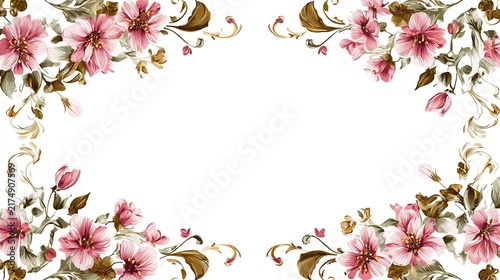 Elegant Floral Border with Pink Blossoms and Golden Flourishes