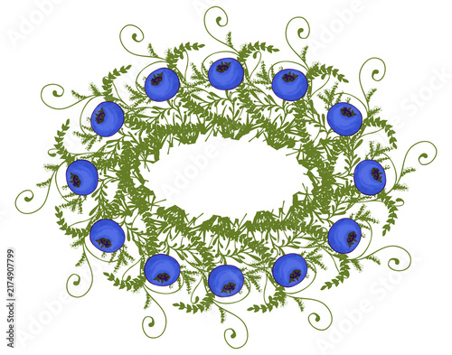 botanical foliage frame with decorative vines, leaves and blueberry on white background