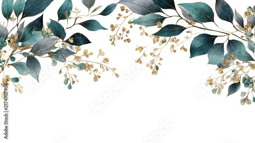 Elegant Botanical Border with Teal Leaves and Gold Accents