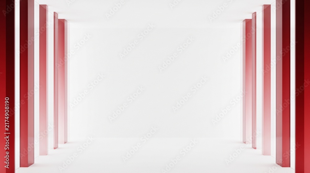 Obraz premium Abstract modern room with red vertical columns on white background for product showcase.