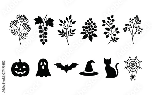 A spooky and delightful collection of halloween imagery featuring classic symbols like pumpkins ghosts bats and black cats alongside autumnal botanical elements creating a festive