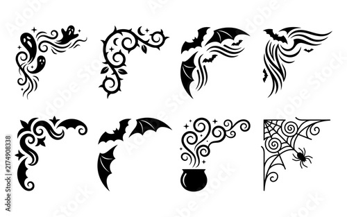 A collection of black silhouette corner designs featuring spooky ghosts bats spider webs and magical cauldrons perfect for creative and festive halloween themed graphic projects