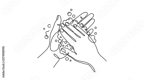 Bild auf Leinwand Continuous line art of washing hands with soap bubbles