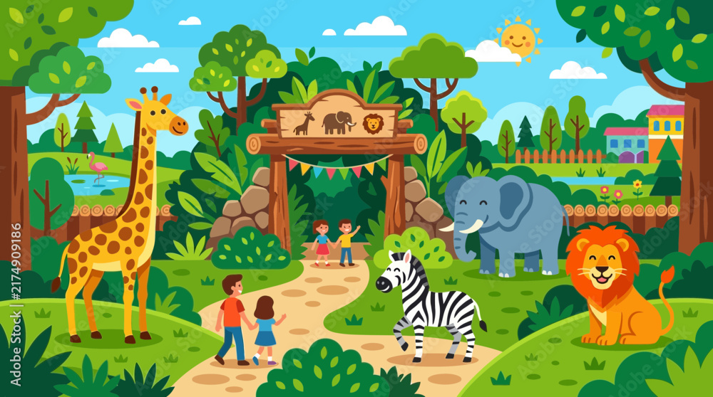 Naklejka premium Cartoon illustration of a zoo with wild animals and children walking on a path.