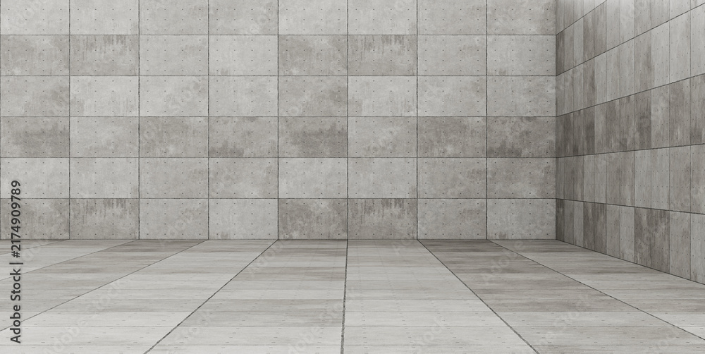Fototapeta premium Empty minimalist concrete room with gray cement wall and tile floor 3D render