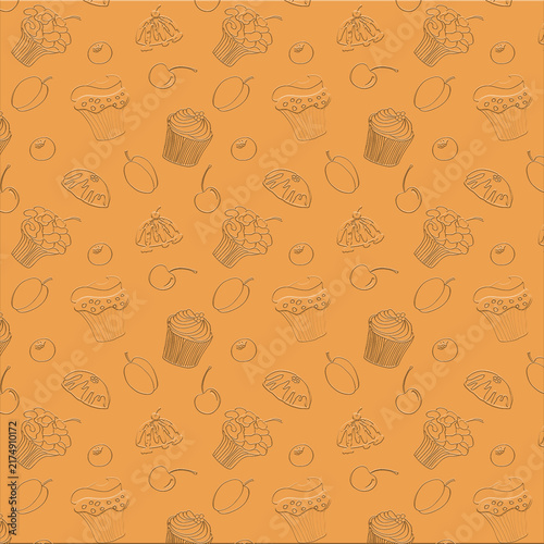 Cupcakes, Fruits and Berries on textured background