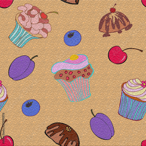 Cupcakes, Fruits and Berries on textured background
