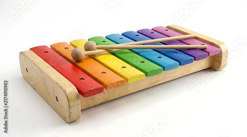 Colorful wooden toy xylophone with mallets