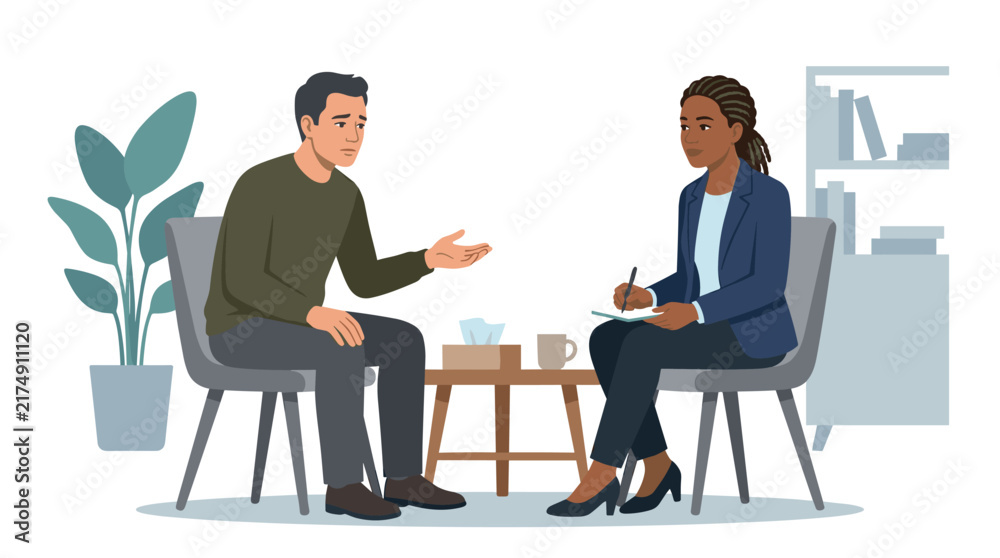 Obraz premium Mental health therapy session illustration showing a female psychologist counseling a distressed man in a professional office