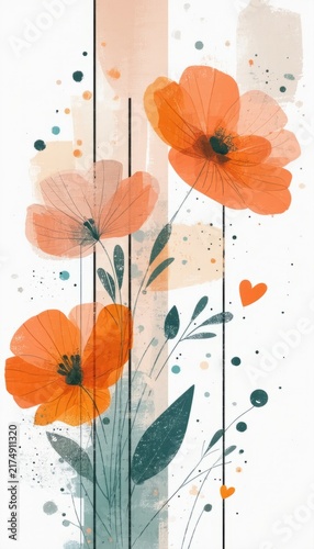 Vintage grunge floral wallpaper design featuring a seamless pattern of red poppy blossoms and green leaves in a rustic nature illustration