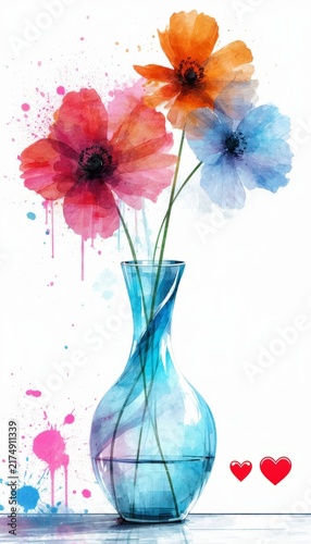 Beautiful pink and yellow blossoms bloom in a colorful glass vase and float on the water amidst a spring nature landscape