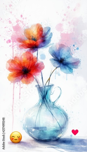 Beautiful pink and yellow blossoms bloom in a colorful glass vase and float on the water amidst a spring nature landscape