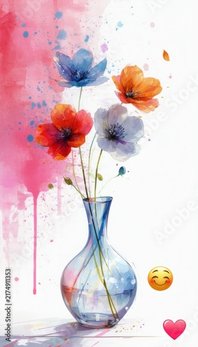 Beautiful pink and yellow blossoms bloom in a colorful glass vase and float on the water amidst a spring nature landscape flower, 