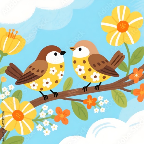 Cute cartoon illustration of birds on a spring tree branch with floral nature pattern design and summer leaf art decoration