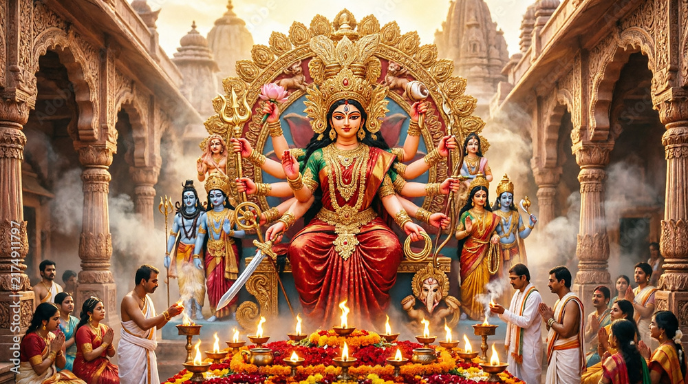 Fototapeta premium Durga puja festival celebration with many-armed goddess statue and devotees praying at a temple.