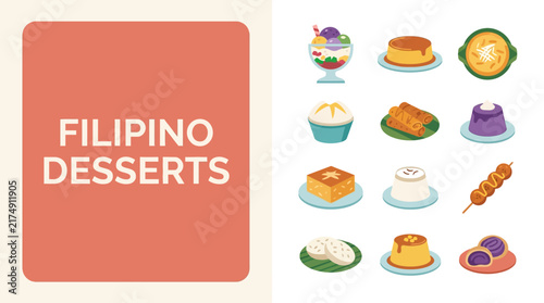 Filipino dessert vector illustration set with various sweet traditional dishes and treats