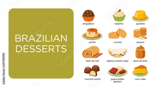 A delightful and comprehensive collection of traditional Brazilian desserts, showcasing a rich variety of sweet treats and confections perfect for any culinary exploration