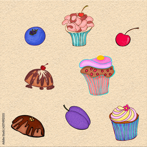 Cupcakes, Fruits and Berries on textured background