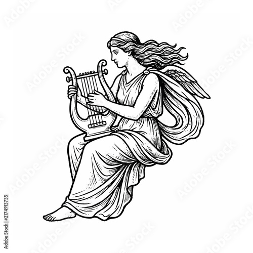 Classical Greek Goddess Playing Lyre Instrument in Vintage Engraving Style Vector Illustration