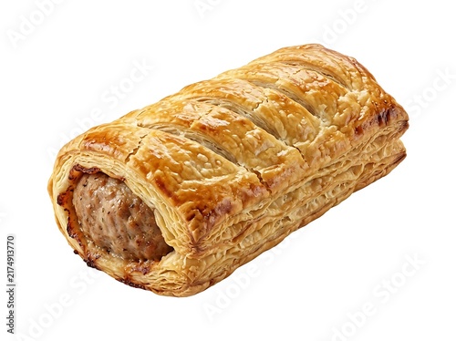 Freshly baked golden sausage roll with flaky puff pastry isolated on a clean white background