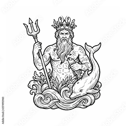 Poseidon Greek God with Trident and Dolphin Black and White Vector Illustration for Tattoo Design and Graphic Logo