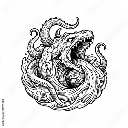 Fierce Sea Monster Kraken Tattoo Design Emerging from Ocean Waves in Detailed Black and White Vector Line Art Illustration