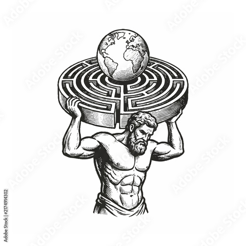 Atlas Holding Globe Labyrinth Conceptual Illustration Depicting Global Burden and Strategic Problem Solving for Commercial Design Projects