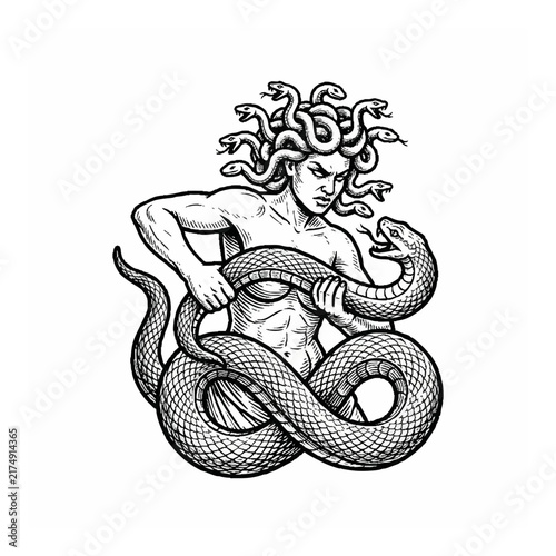 Fierce Medusa Gorgon Holding Serpent in Black and White Vintage Tattoo Illustration Style Vector Design