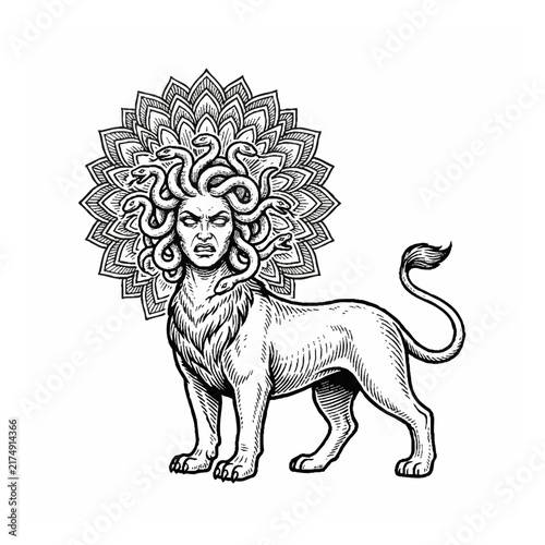 Mythological Creature Medusa Lion Hybrid Engraving Style Illustration with Mandala Halo Background for Fantasy Design Projects