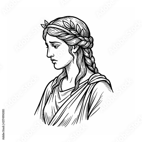 Classic Greek Goddess Illustration with Laurel Wreath Depicting Sadness in Vintage Line Art Style for Historical Design Projects