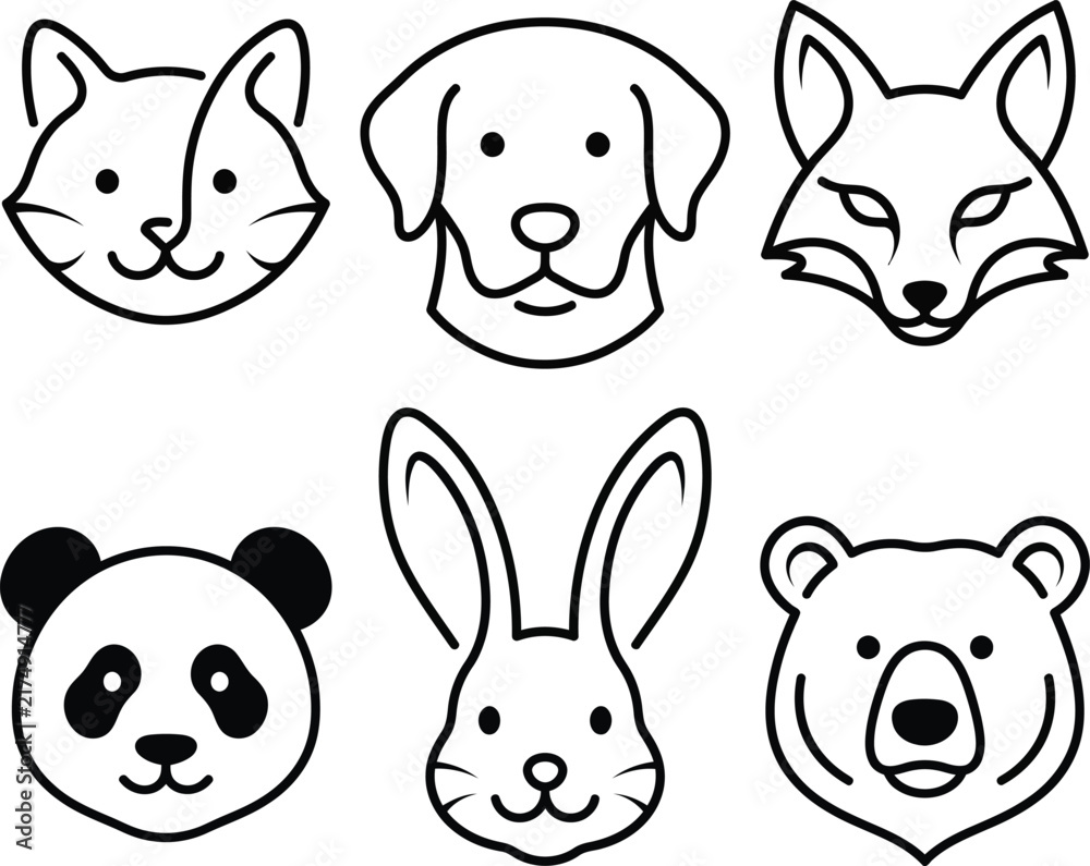 Fototapeta premium Cute minimalist animal faces vector set, line art wildlife and domestic illustrations with cat, dog, fox, panda, rabbit, and bear outline icons