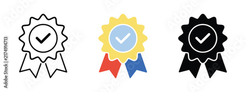 Quality badge icon set with check mark and ribbon in outline, flat color, and glyph styles