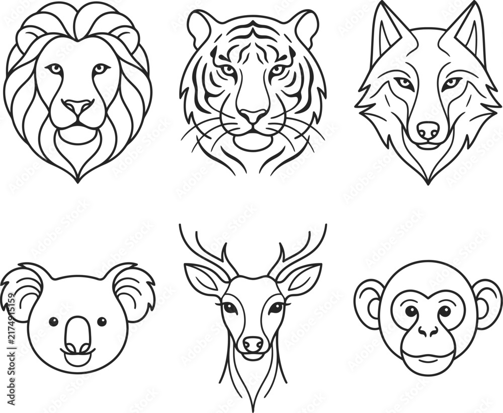 Obraz premium Wild animal faces vector set, minimalist line art wildlife illustrations with lion, tiger, wolf, koala, deer, and monkey outline icons