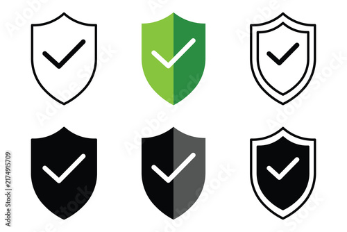 Security shield icon set with checkmark symbol for cyber data protection and safety verification in outline, filled green, and solid glyph styles