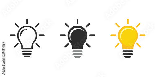 Light bulb with rays shine icon set featuring idea symbols for innovation, creative thinking, solutions, electricity, and inspiration