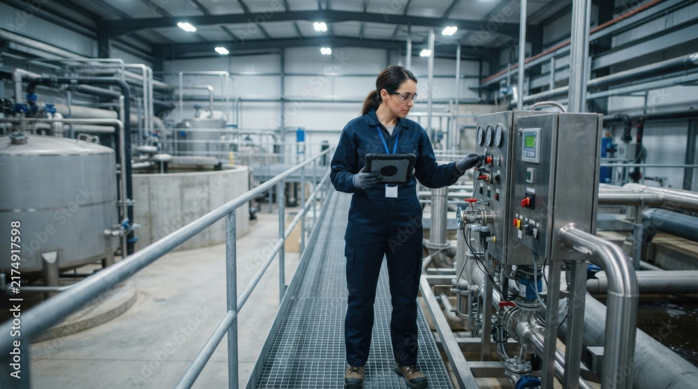 Fototapeta premium Female engineer in factory controls machinery with tablet