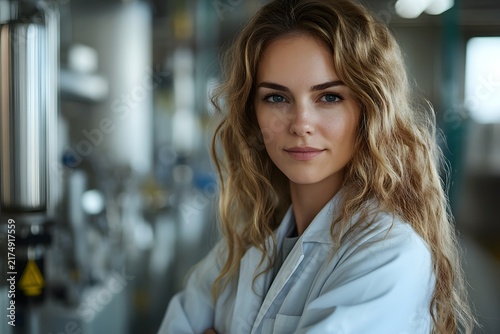 Portrait of a female scientist with long curly hair wearing a white lab coat in a manufacturing plant