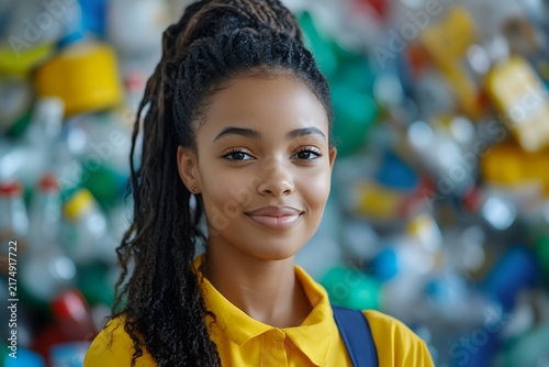 Smiling young woman with braided hair wearing a yellow uniform stands against a recycling wall